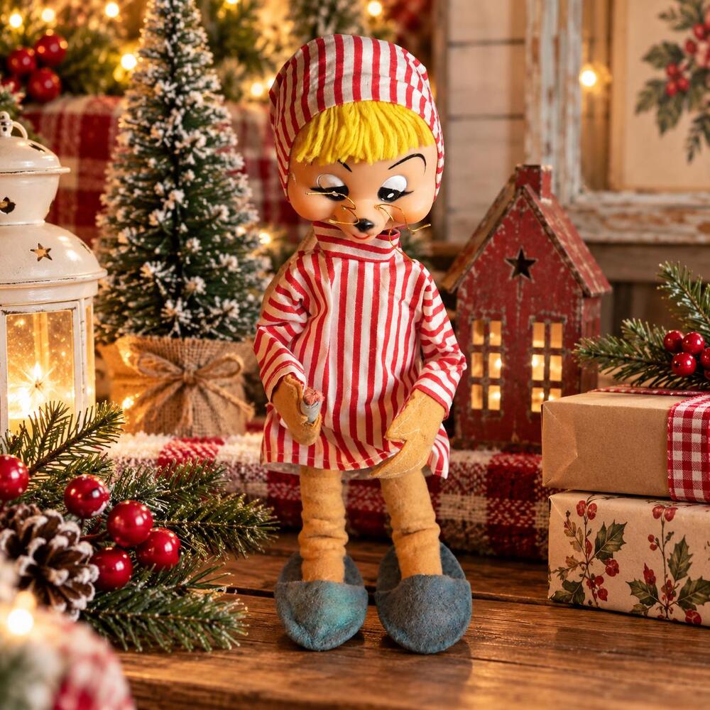 Vintage Christmas Mouse Figurine, Red White Striped Elf Outfit, Mid Century Holi